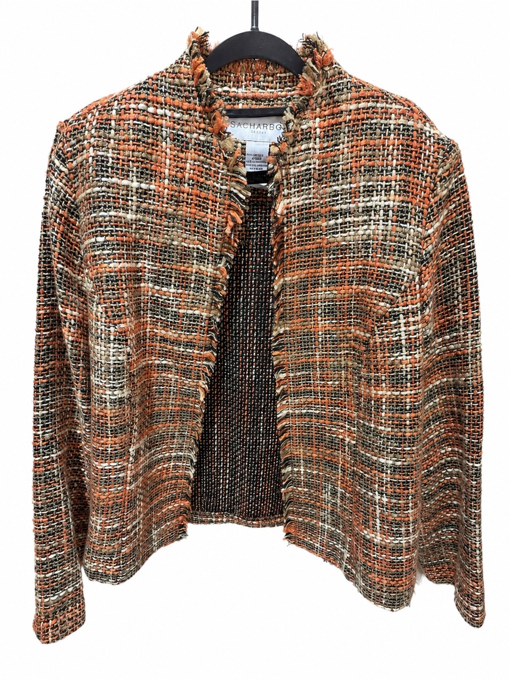 Sag Harbor Orange Cream & Black Tweed Fringe Collarless Jacket